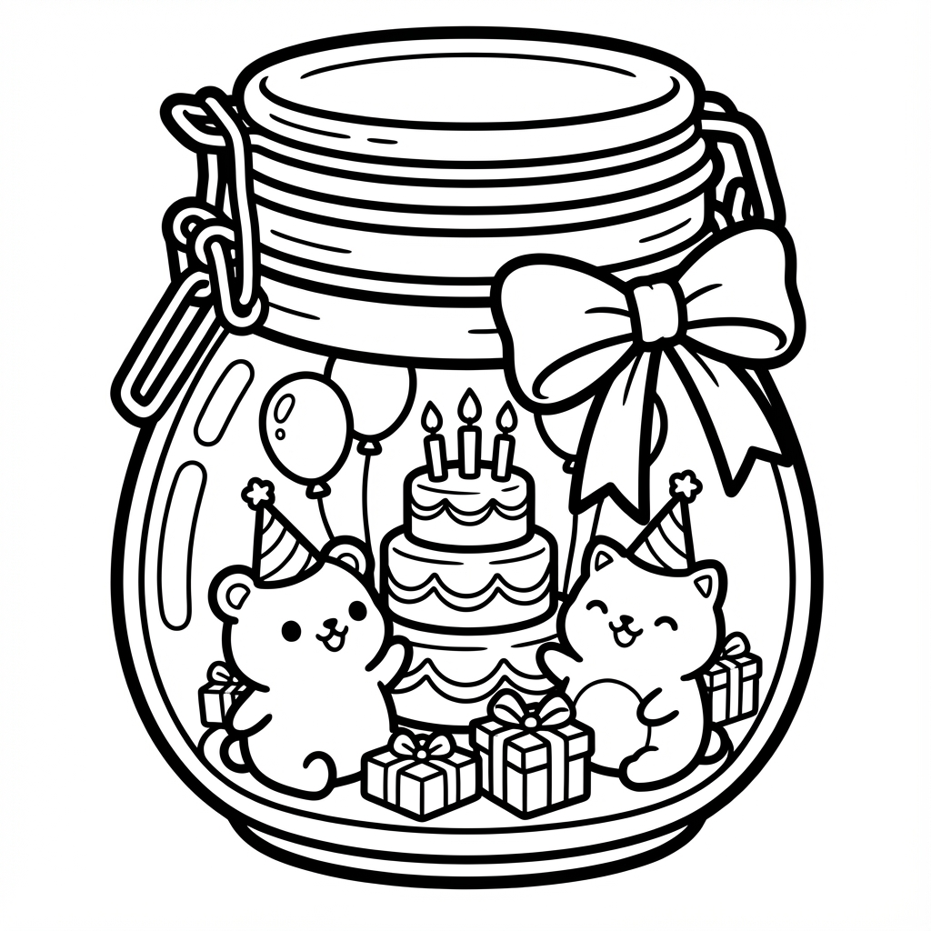 Glowing crystals and mushrooms in a jar, a wonderful simple thick line art and bold line coloring pages design.